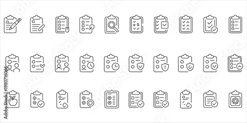 Extensive collection of outline icons representing various checklist and clipboard functions on white background Keywords: checklist