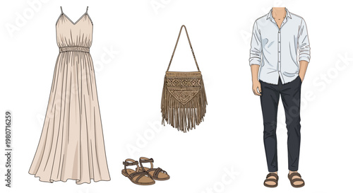 Fashionable Summer Outfit For Man And Woman With Accessories Isolated On White