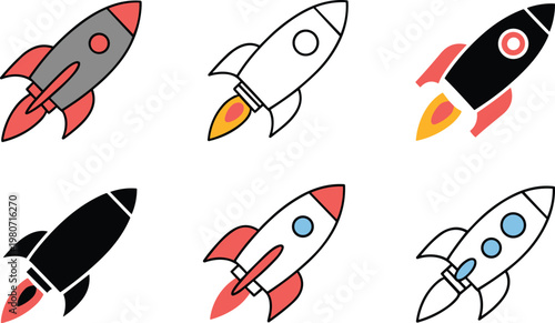 Collection of six colorful cartoon rocket ship icons with flames and windows on white background Keywords: rocket, spaceship, space, launch