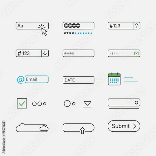 Collection of minimalist user interface form icons and design elements.