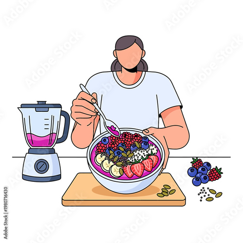Woman eating fruit bowl with spoon.