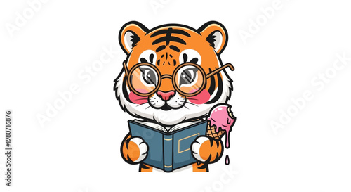 A cute cartoon vector illustration of a striped orange baby tiger isolated on a white background, featuring a wild feline predator in a friendly drawing style for zoo or wildlife nature art