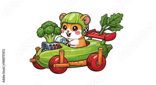 A fun cartoon clown wearing a Santa hat rides a scooter and pulls a toy car with a 3d bear ornament in this isolated Christmas holiday celebration illustration