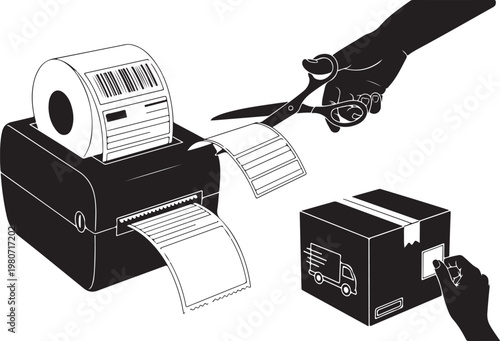 Black and white of hands cutting shipping labels from printer
