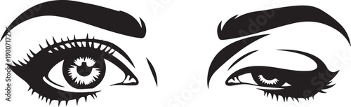 Black and white of two female eyes with eyebrows