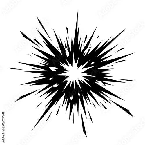 Black and white abstract explosion graphic.