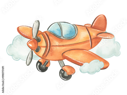 Colorful watercolor airplane in bright orange and blue tones