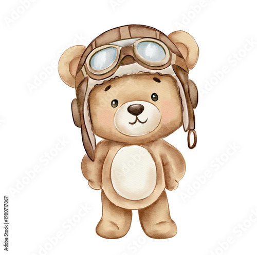 Cute bear wearing aviator hat and goggles stands in bright colors