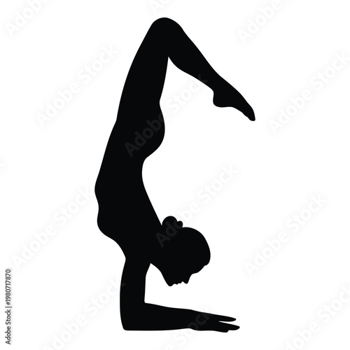 Black silhouette of a woman performing a forearm stand yoga pose, isolated on a white background, demonstrating flexibility and balance
