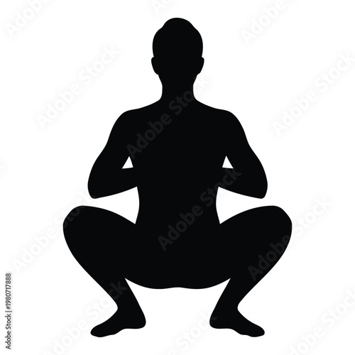 Yoga silhouette of woman in garland pose, black malasana squat vector icon, female figure practicing meditation and mindfulness exercise