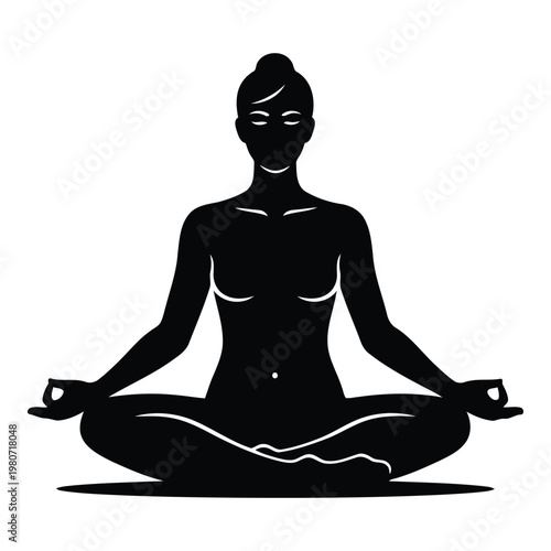 Black silhouette of a woman sitting in a lotus yoga pose, meditating with hands in mudra gesture on a plain white background