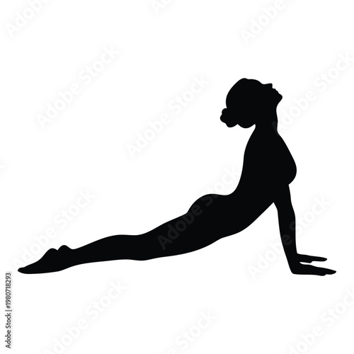 Black silhouette of a woman performing the cobra yoga pose, isolated on a white background, showing a flexible body in an upward facing stretch