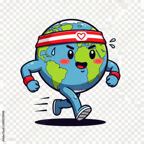 Animated Earth Running Character Wearing Headband.
