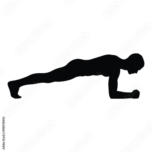 Black silhouette of a man performing a plank exercise, isolated on a white background, demonstrating core strength, fitness training, and bodyweight workout