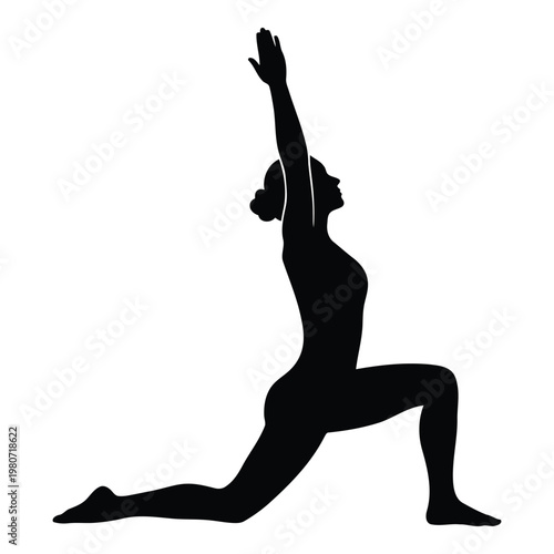 Black silhouette of a woman performing a low lunge yoga pose with arms extended upwards, isolated on a plain white background, profile view