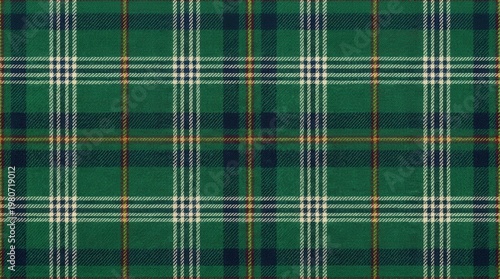 A seamless green plaid texture filling the frame, intersecting lines forming a classic check pattern, subtle fabric texture visible with soft lighting enhancing depth, clean