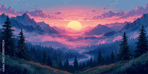 Mountain landscape with sunrise and sunset light over foggy forest hills and cloudy sky