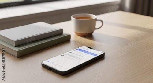 A smartphone with a white screen and black frame, placed on a wooden table with a green book and a white mug of tea, with a window in the background.