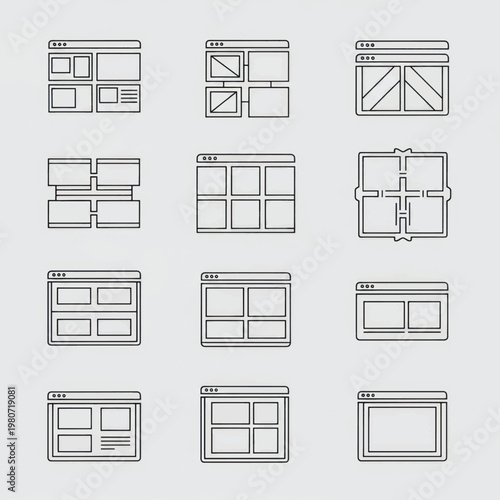 Collection of monochrome window layout icons showing multiple pane designs for UI and web projects.