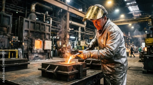 Skilled metallurgist in protective gear pouring molten metal into a casting mold at a hot industrial foundry