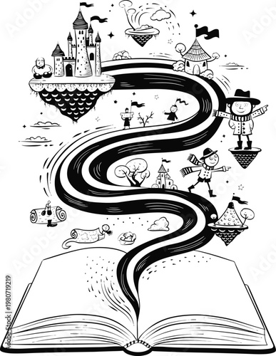 whimsical illustration of a road emerging from an open book leading to fantasy landscapes