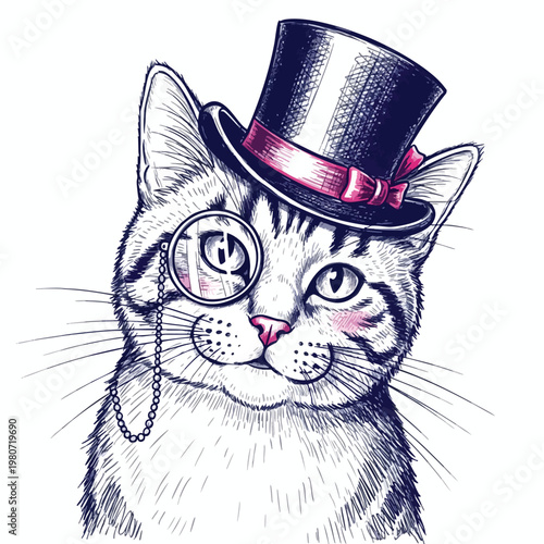 Stylish Cat Wearing a Top Hat and Monocle for Elegant Fashion and Pet Accessories