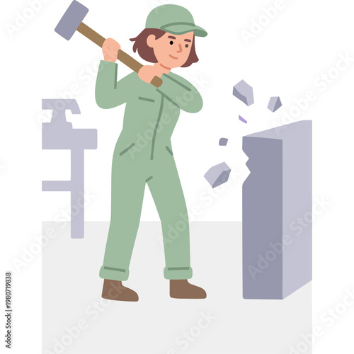 Woman wearing green overalls hits a large block with a sledgehammer.