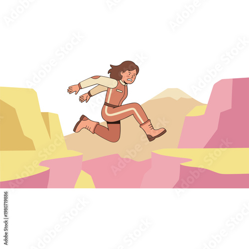 A woman jumps over a canyon wearing sports gear