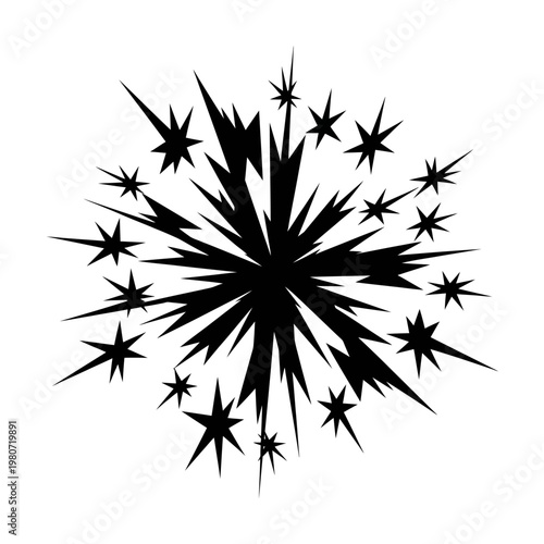 Black starburst explosion graphic design element.