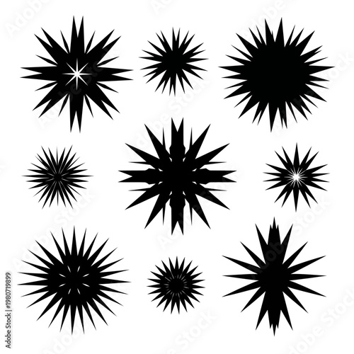 Black starburst shapes icons set.