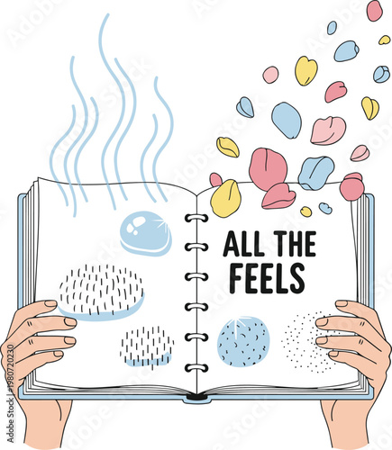 hands holding a notebook with colorful emotions coming out