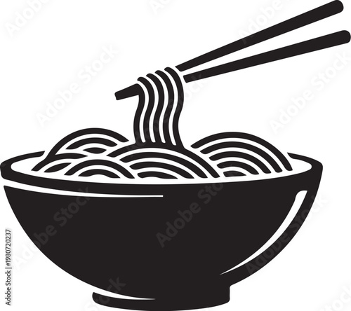 Black bowl of noodles with chopsticks white