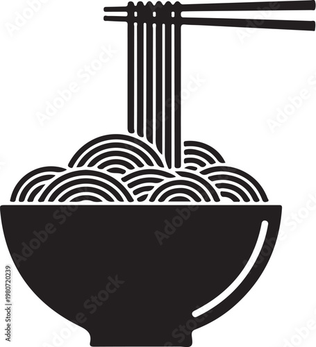 Black bowl of noodles with chopsticks white