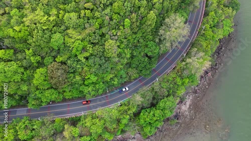 Drone footage reveals lush green forest flanking a winding road along the water. A paved path curves along the tranquil natural edge of the river, creating a beautiful arc.