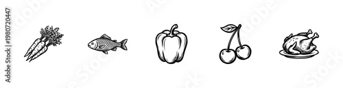 Fresh Food Ingredients and Grocery Elements with Messy Ink Doodle Aesthetic and Hand-Drawn Fluid Brush Strokes