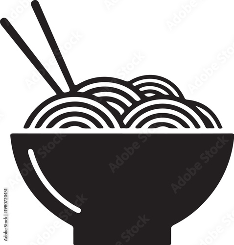 Black bowl of noodles with chopsticks white