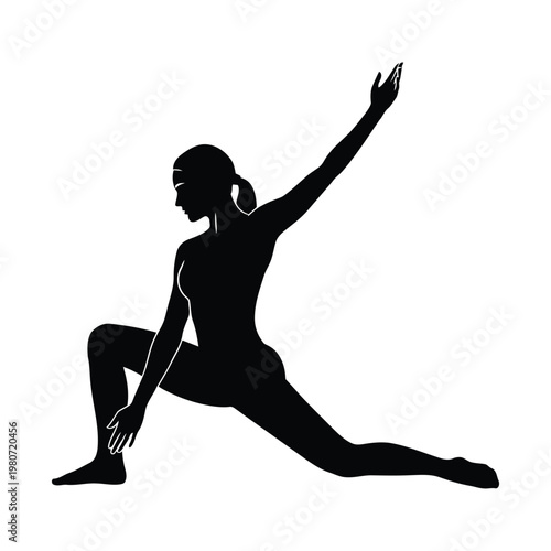 Black silhouette of a woman performing a yoga lunge pose, isolated on a white background, side view of a flexible person stretching in a fitness exercise