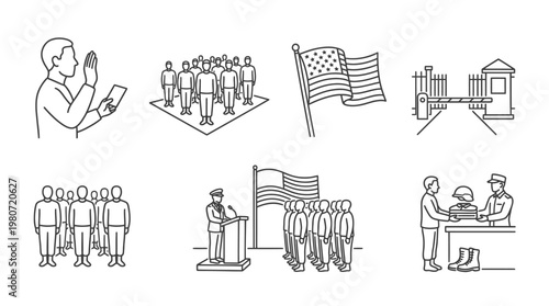 Collection of Military Icons and Illustrations Depicting Military Draft, Recruitment, and Service, editable simple stroke icon set, vector eps file theme.