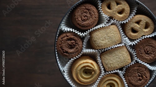Crispy crumbly shortbread cookies in a round metal box on wooden table, top view, close up, rotates