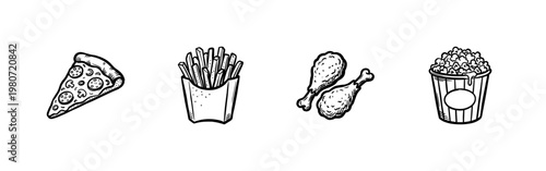 Fast Food and Junk Food Snack Assortment with Pop Art Comic Book Halftone Details and Bold Outlines