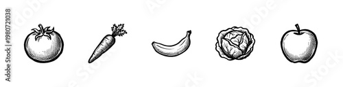 Fresh Garden Vegetables and Orchard Fruits with Hand-Drawn Inky Brush Strokes and Saturated Wax Crayon Aesthetic