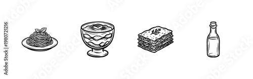 Italian Cuisine Culinary Elements and Traditional Food Dishes with Hand-Drawn Inky Brushwork and Organic Calligraphic Flourish Aesthetic