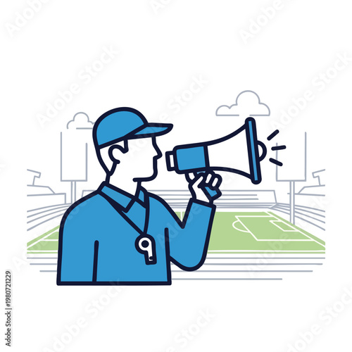 Sports Coach Using Megaphone on Field During Practice or Game