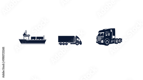 A white background hosts illustrations a ship, a truck, and a semi-truck. Their dark tones stand out