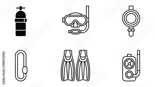 Essential Diving Equipment: A detailed, minimalist illustration showcasing the essential tools of scuba diving, including a tank, mask, fins, and regulator.