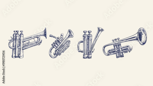 Artistic illustration featuring four different brass instruments in a vintage, hand-drawn style