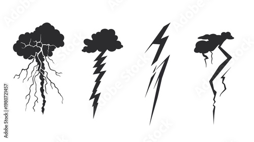 Silhouetted illustrations of lightning and storm clouds, in black and white against a white background