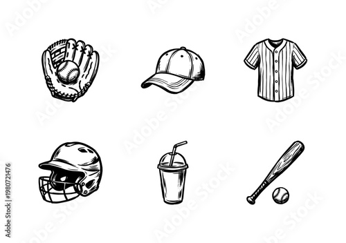 Baseball Equipment and Game Day Snacks with Clumsy Hand-Drawn Ink Doodle Style