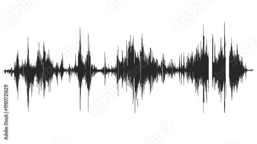 A grayscale waveform isolated on white. Displaying audio amplitude over time. Spikes, peaks, and troughs