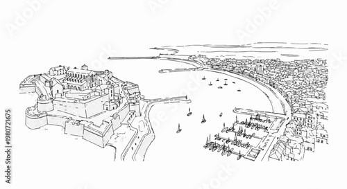 Aerial sketch of a historic coastal town with a prominent fortress overlooking a harbor